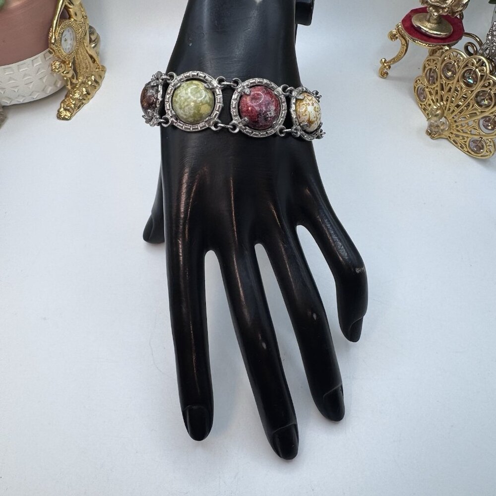 Vintage Large Scarab Gem Stone Double Link Bracelet Silver Tone Unsigned Adjust - Picture 2 of 12